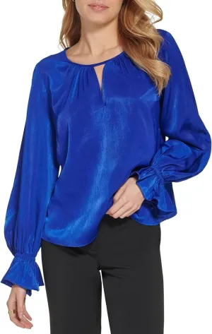 DKNY Womens Long Sleeve Satin V-Neck Ruffle Cuff Blouse P2JANQ40