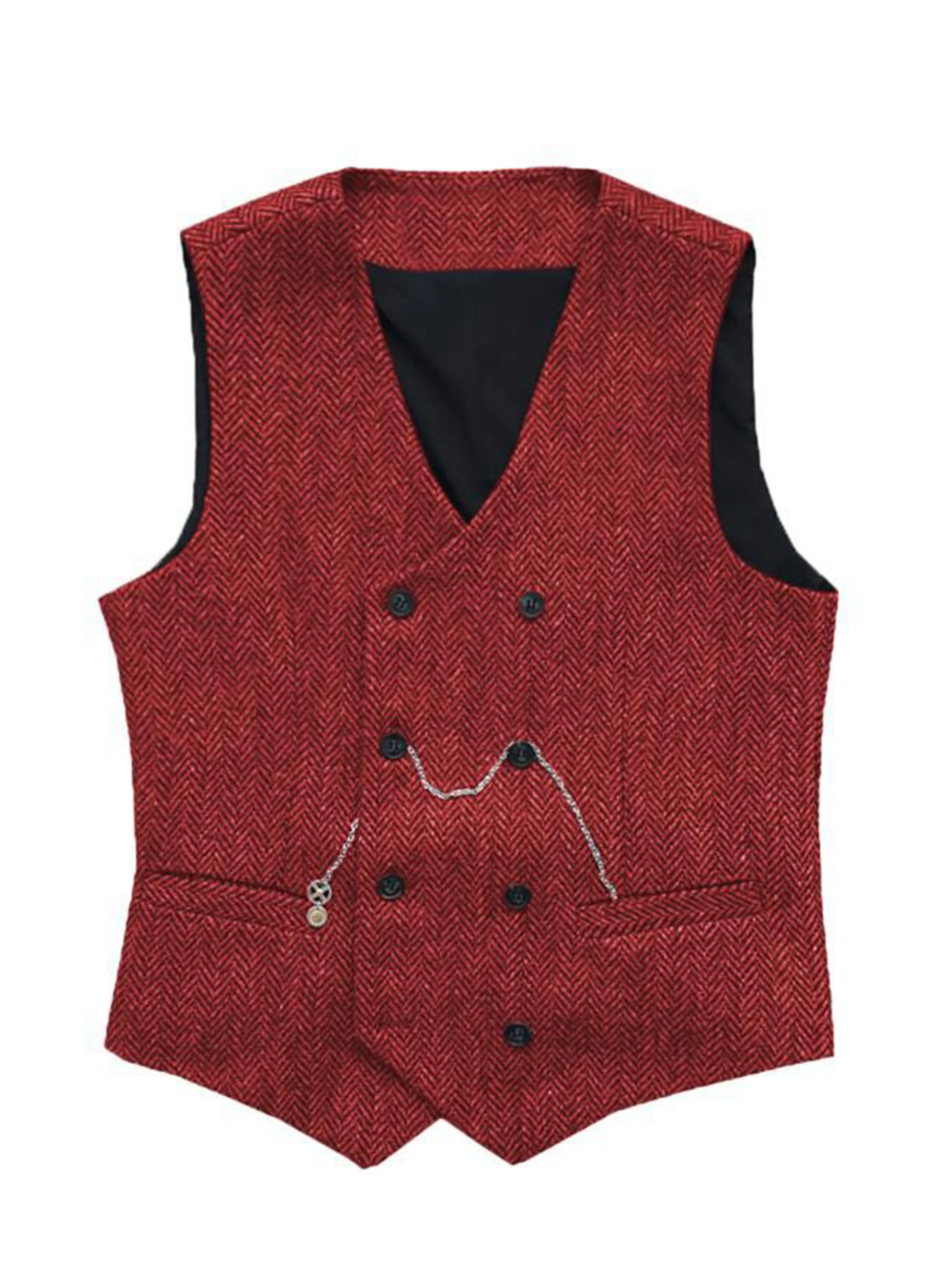 Double Breasted Herringbone Vest V-Neck Men's Suit Vest