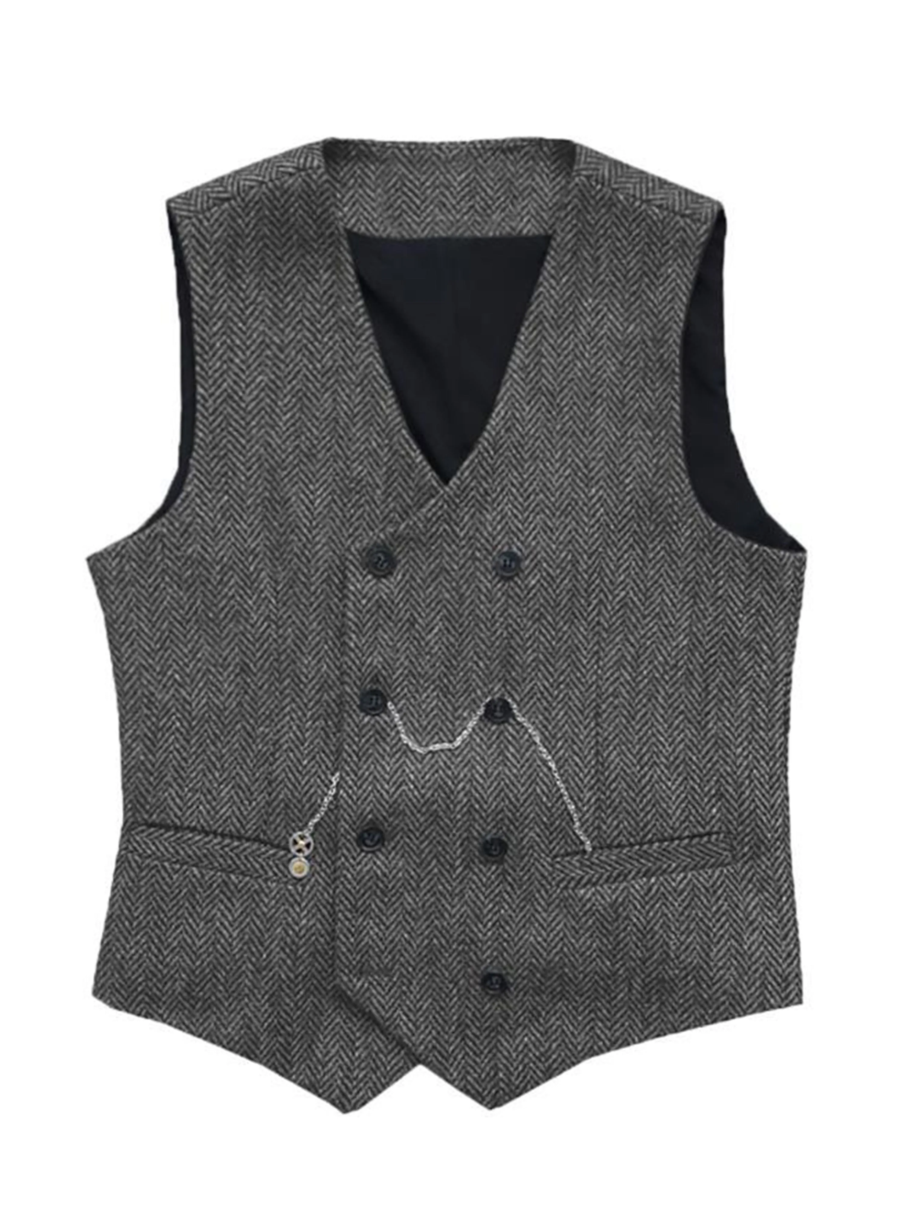 Double Breasted Herringbone Vest V-Neck Men's Suit Vest