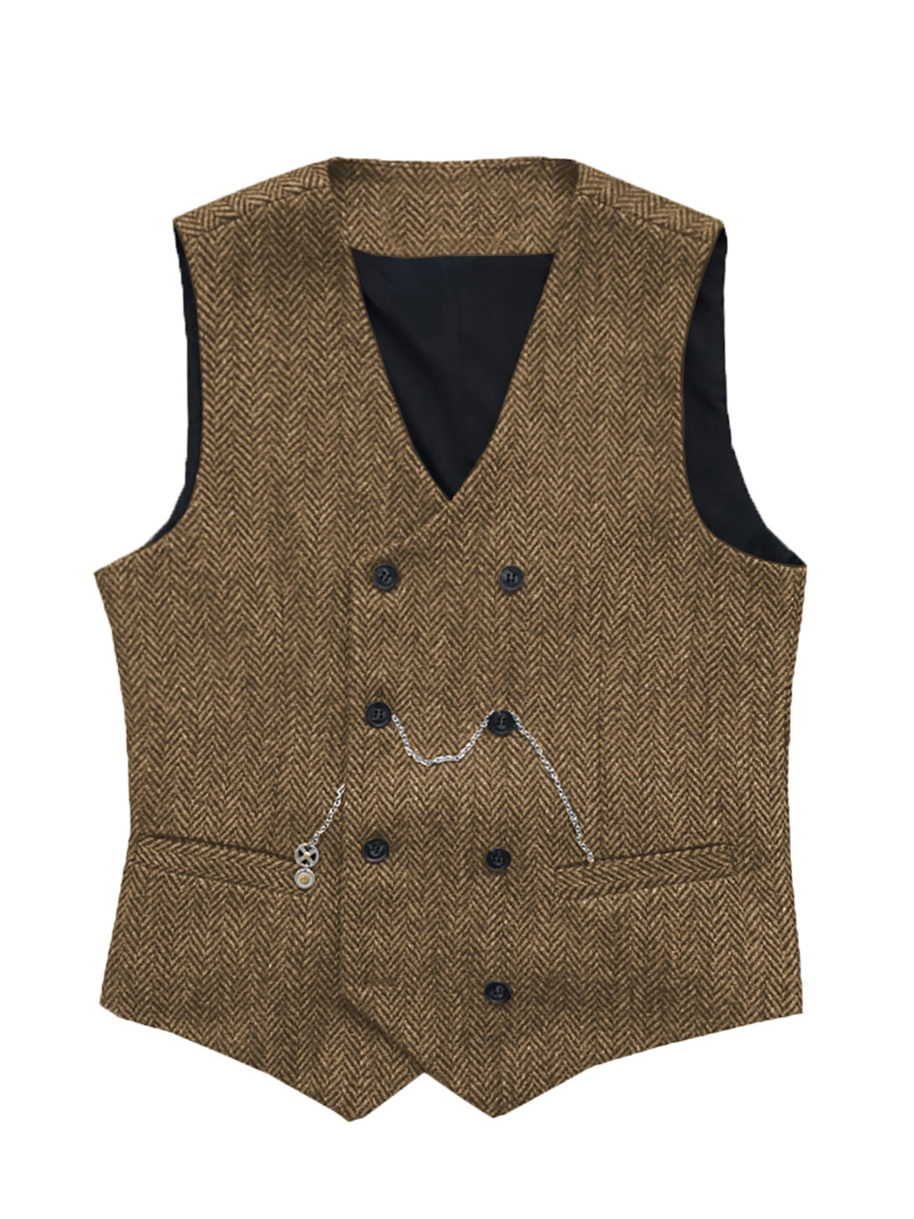 Double Breasted Herringbone Vest V-Neck Men's Suit Vest