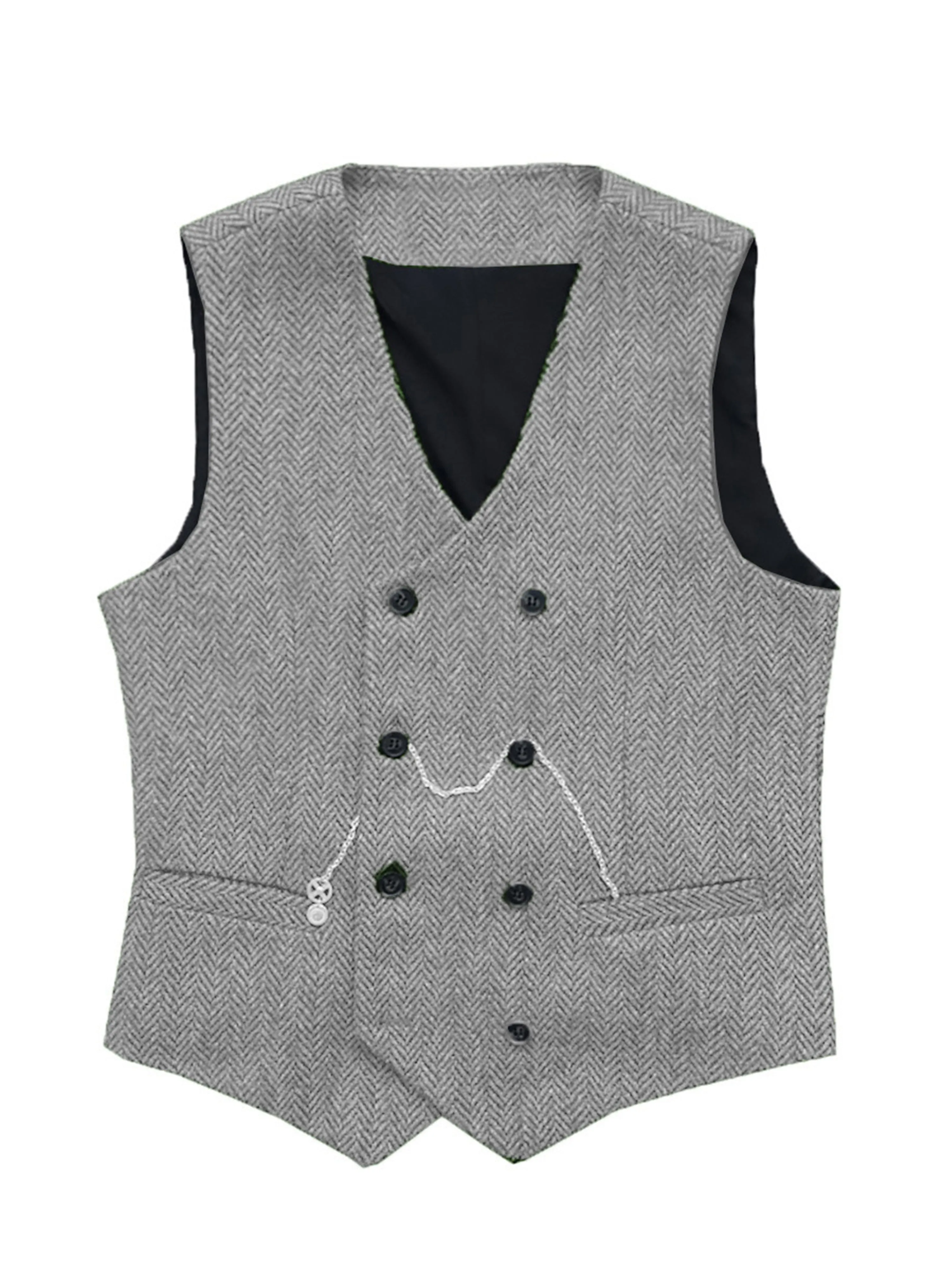 Double Breasted Herringbone Vest V-Neck Men's Suit Vest