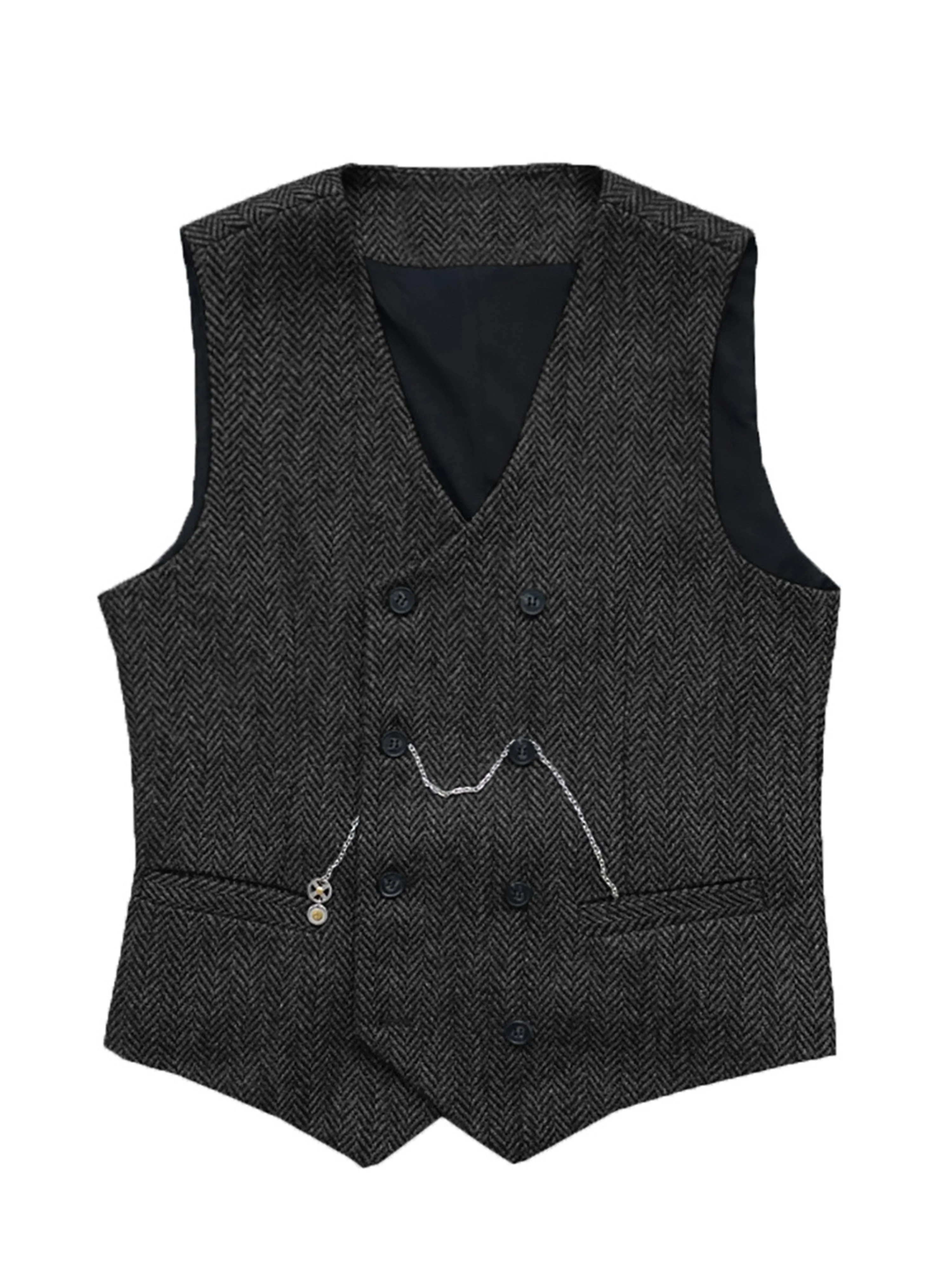Double Breasted Herringbone Vest V-Neck Men's Suit Vest