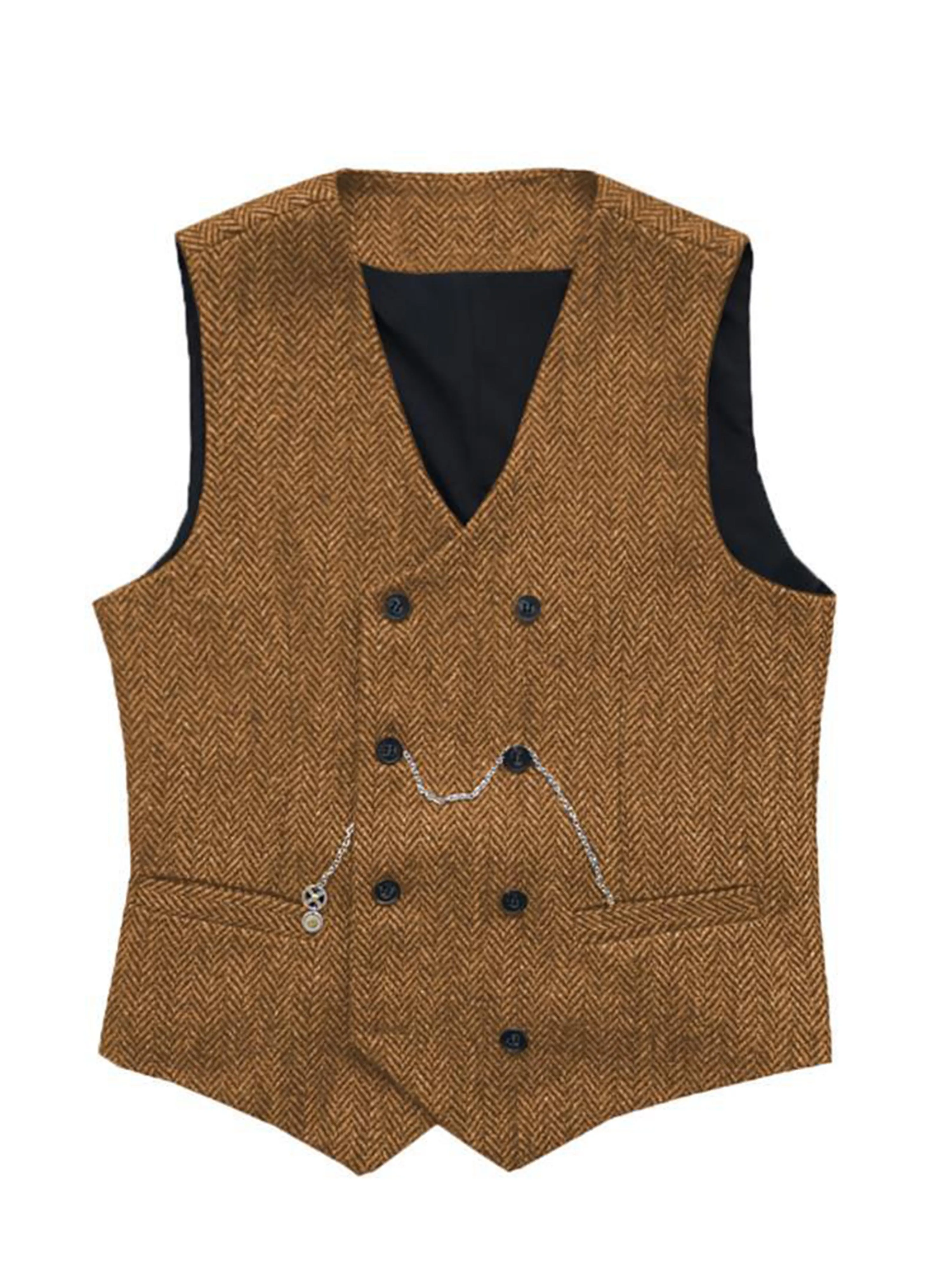 Double Breasted Herringbone Vest V-Neck Men's Suit Vest