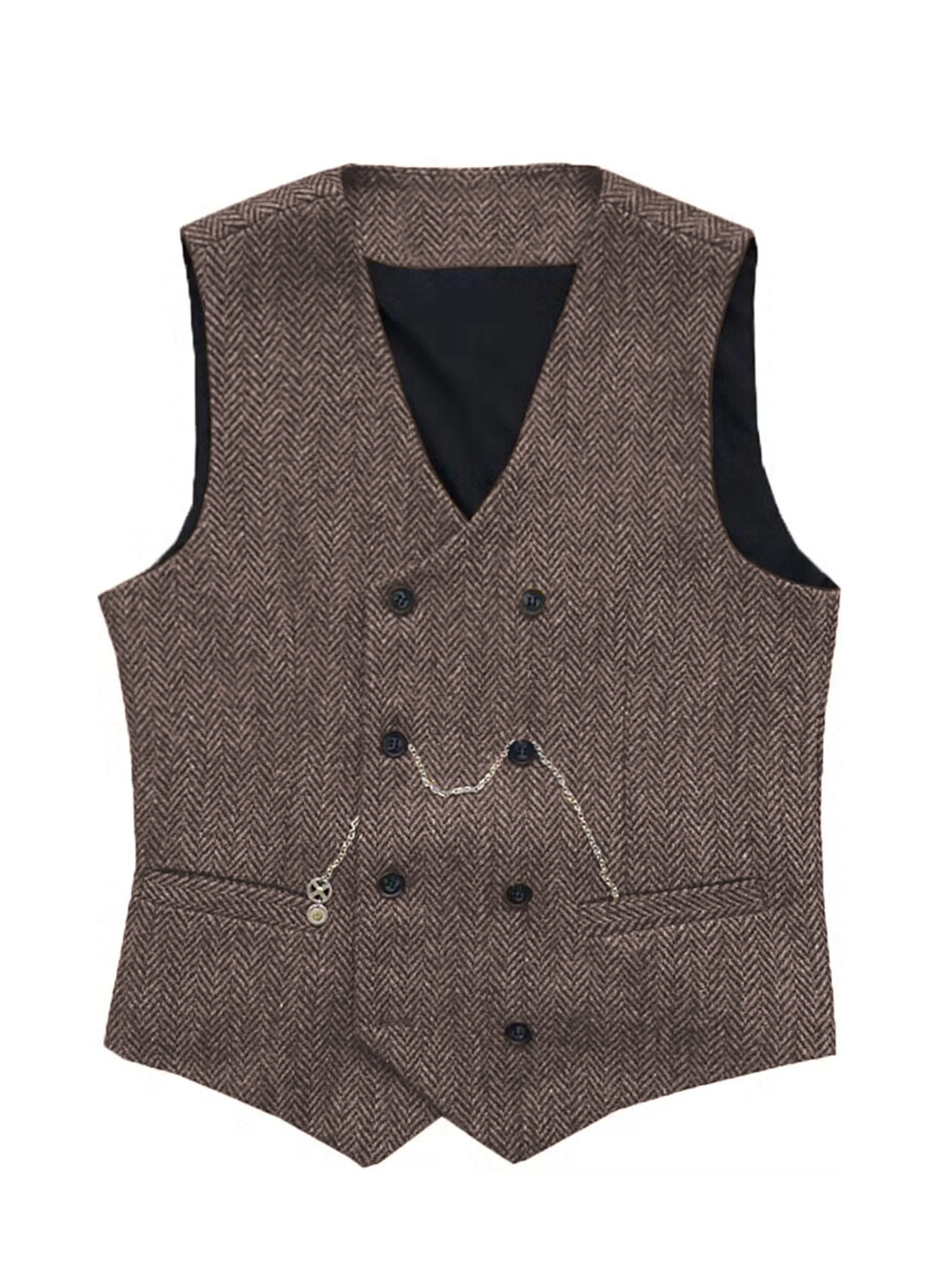 Double Breasted Herringbone Vest V-Neck Men's Suit Vest