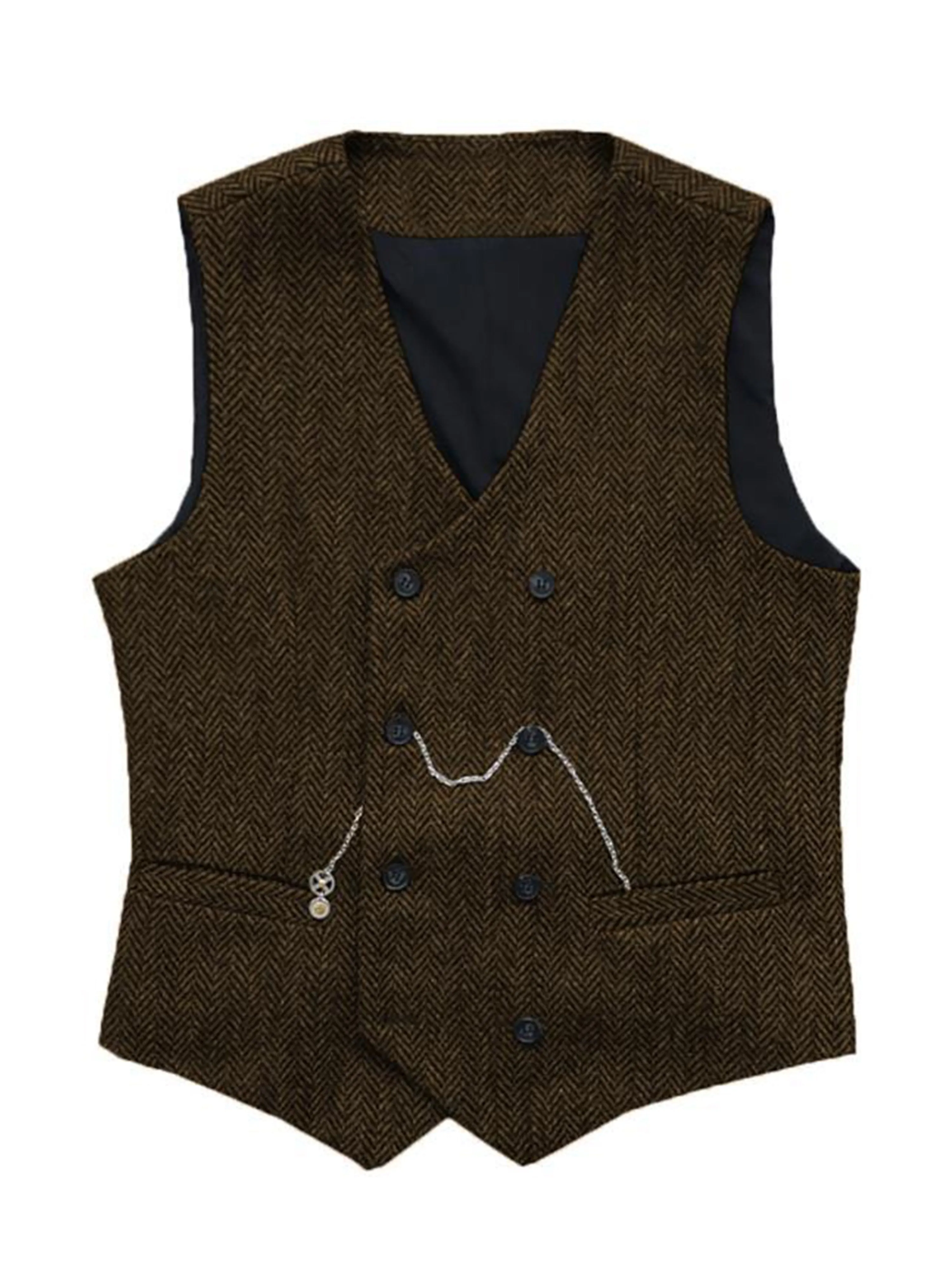 Double Breasted Herringbone Vest V-Neck Men's Suit Vest