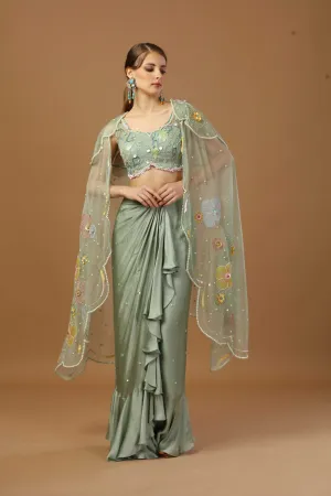 Drape Ruffle Skirt With Blouse And Shrug