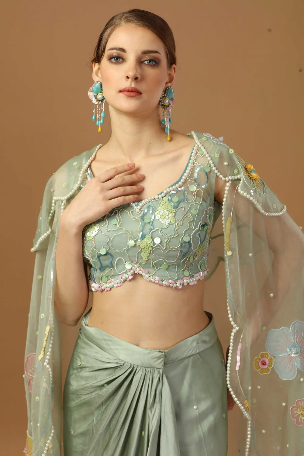 Drape Ruffle Skirt With Blouse And Shrug