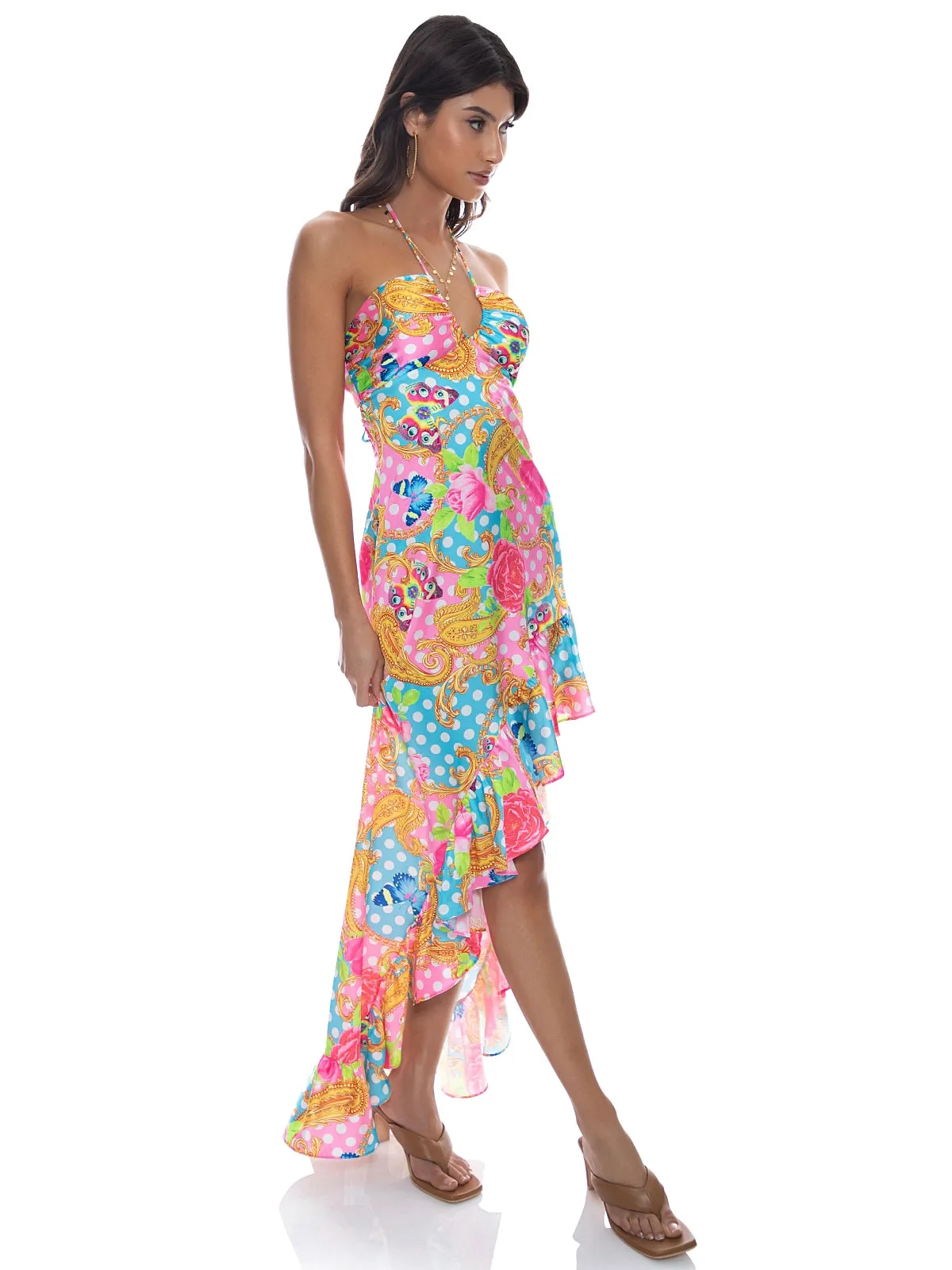 Drawstring Halter Asymmetrical Ruffle Dress