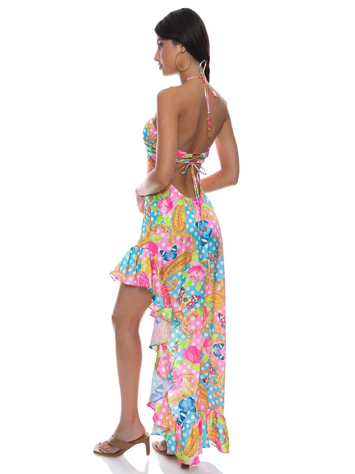 Drawstring Halter Asymmetrical Ruffle Dress
