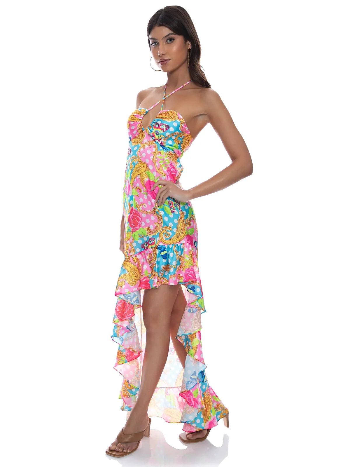 Drawstring Halter Asymmetrical Ruffle Dress