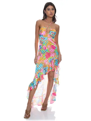 Drawstring Halter Asymmetrical Ruffle Dress