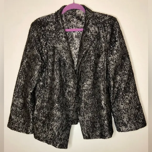 Eileen Fisher Black Silver Women’s Jacquard Open Front Jacket Blazer Size M
