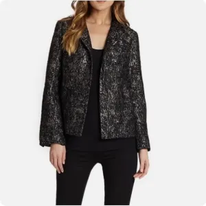 Eileen Fisher Black Silver Women’s Jacquard Open Front Jacket Blazer Size M