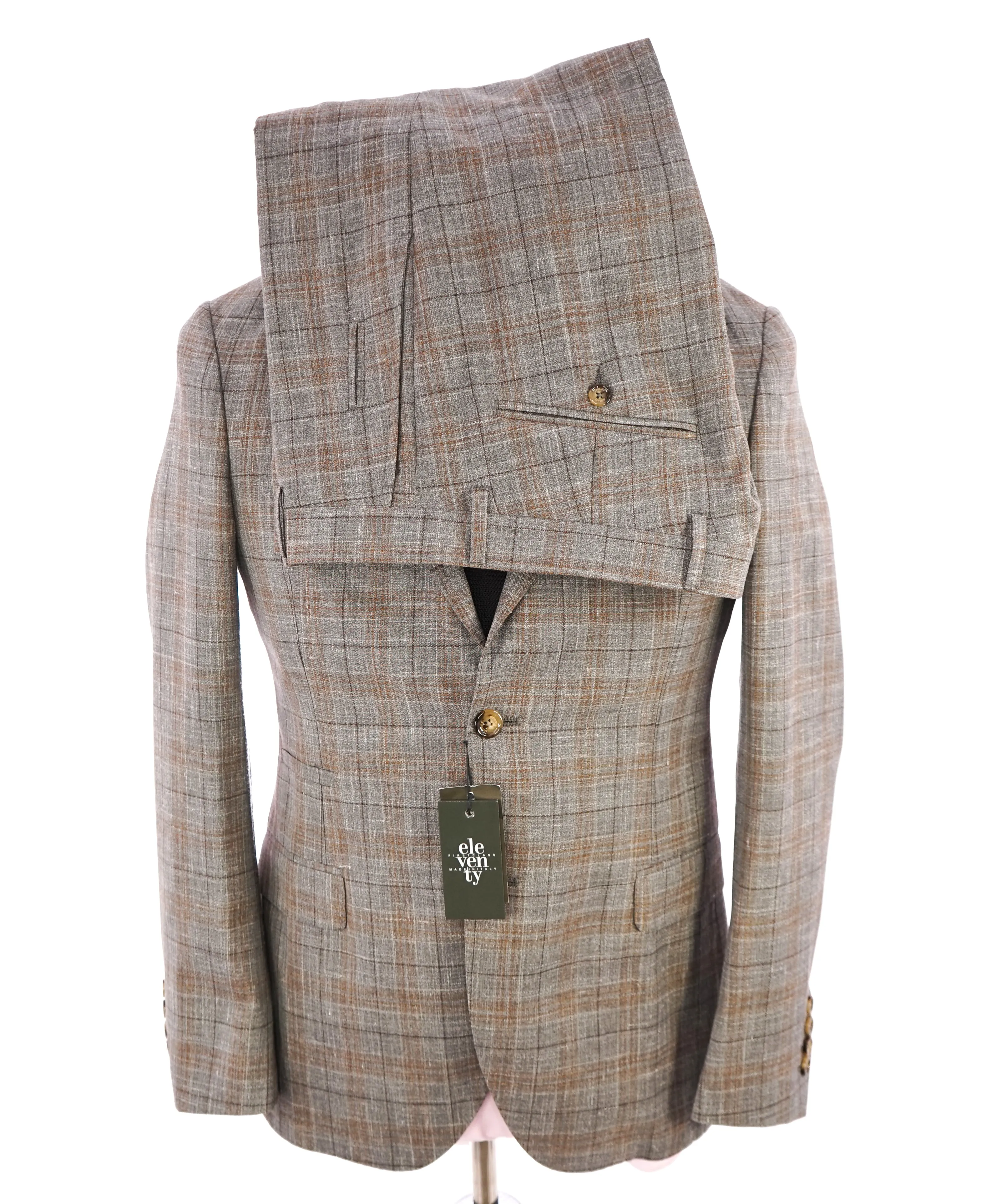ELEVENTY -  "PREMIUM" Camel & Gray Check WOOL/SILK/LINEN Suit - 38R