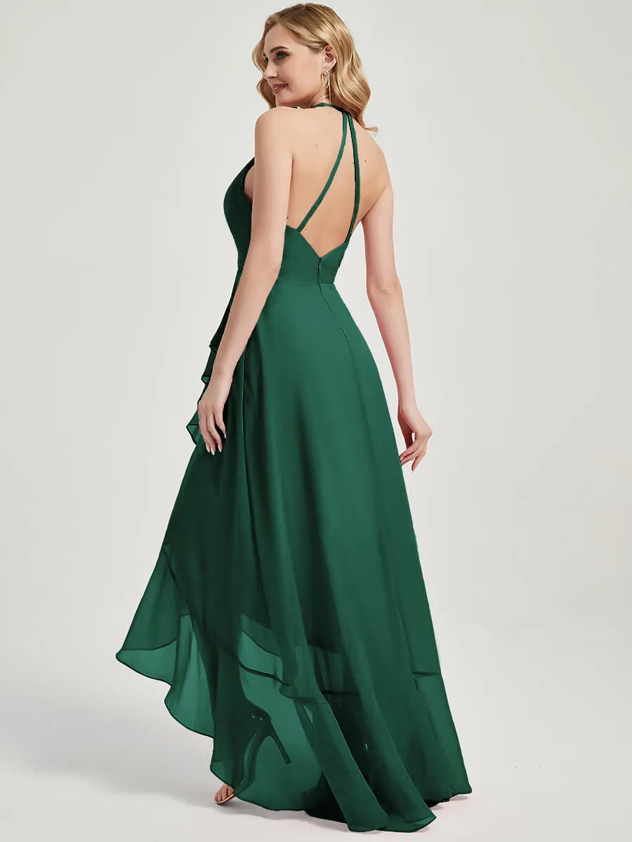 Emerald Green Halter V-Neck Backless High Low Chiffon Bridesmaid Dress