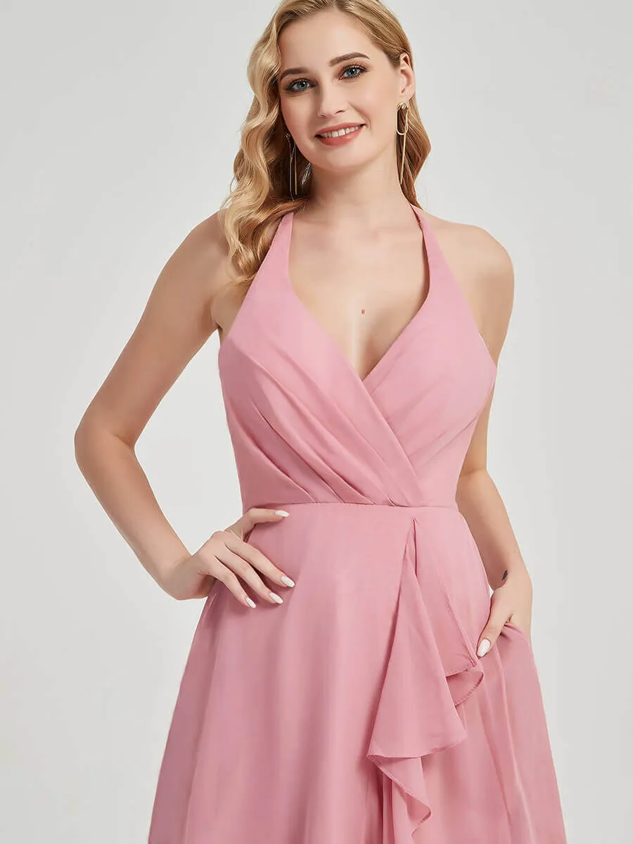 Emerald Green Halter V-Neck Backless High Low Chiffon Bridesmaid Dress