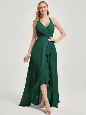 Emerald Green Halter V-Neck Backless High Low Chiffon Bridesmaid Dress