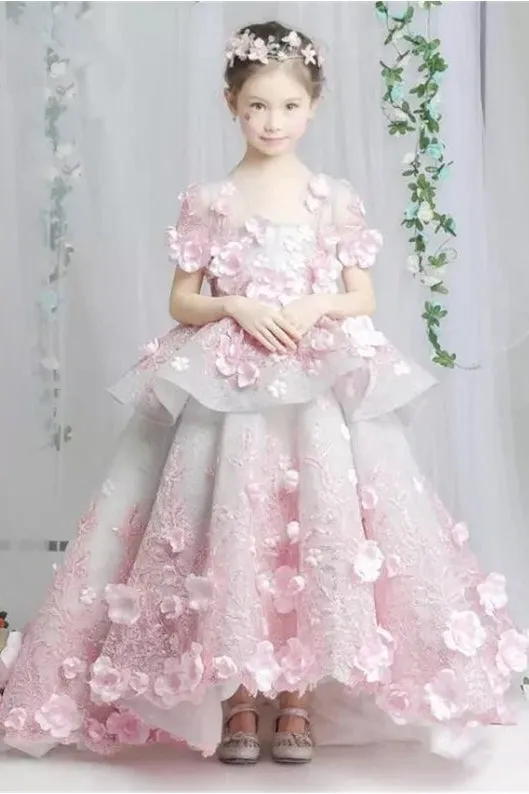 Fancy Floral Short Sleeve Ball Gown Flower Girl Dress With Peplum-402476
