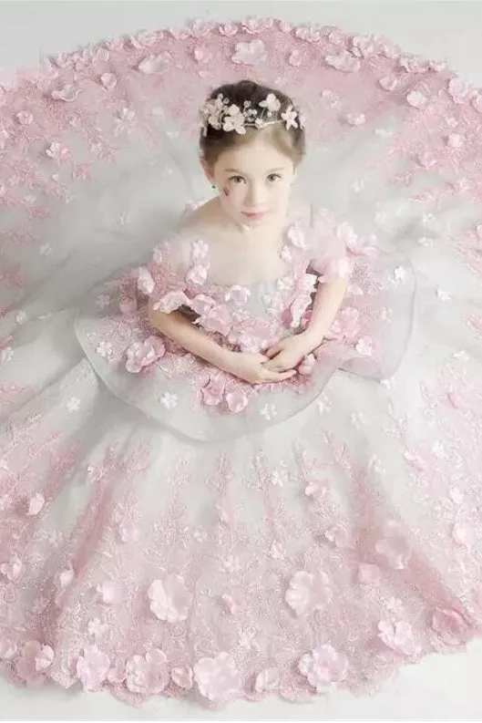Fancy Floral Short Sleeve Ball Gown Flower Girl Dress With Peplum-402476