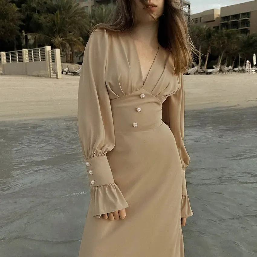 Fashion Design V-neck Dress Simple Slim Fit A- Line Dress Female French Chiffon Midi Dress