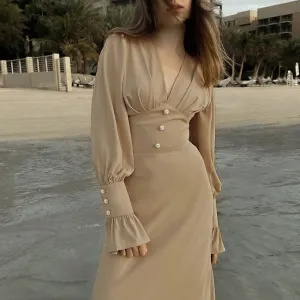 Fashion Design V-neck Dress Simple Slim Fit A- Line Dress Female French Chiffon Midi Dress
