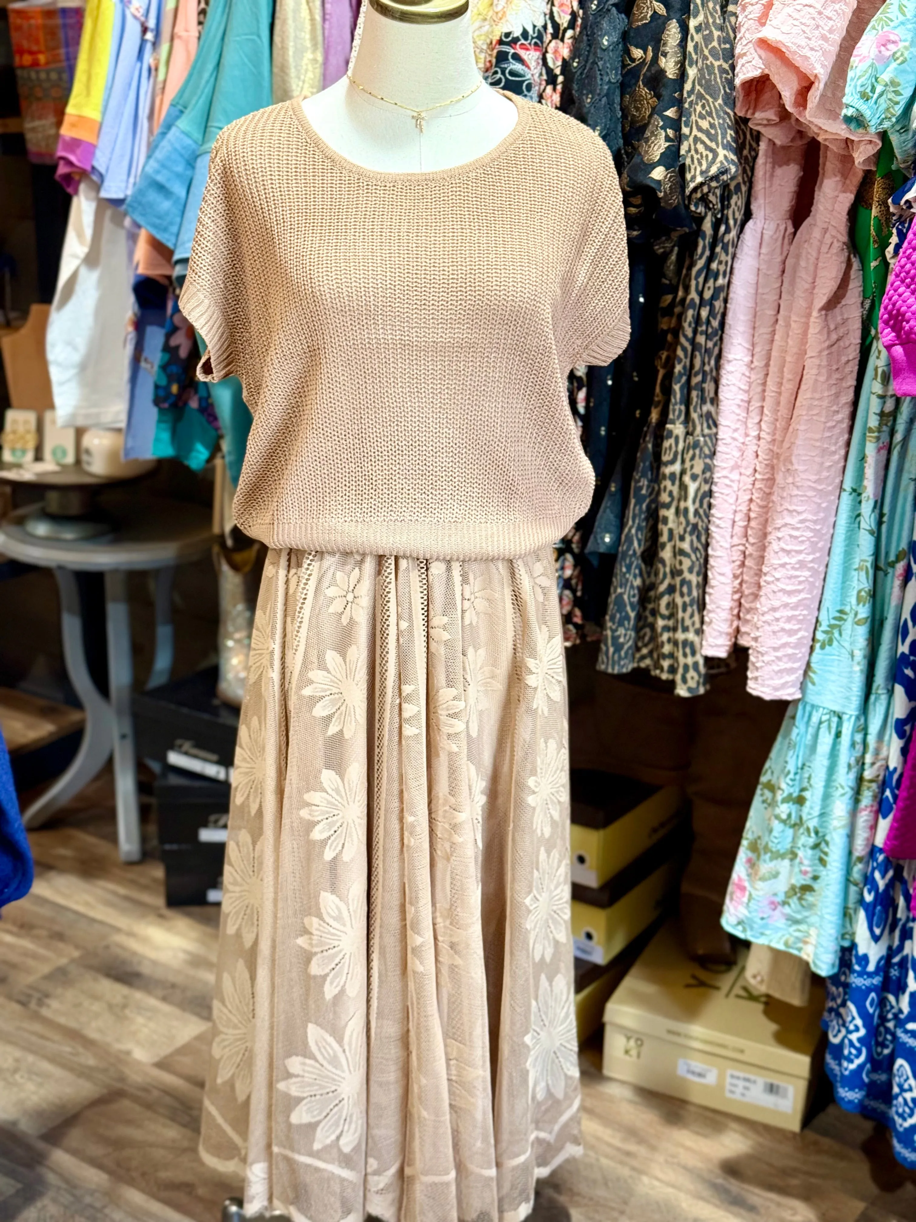 Floral Embroidered Lace Midi Skirt