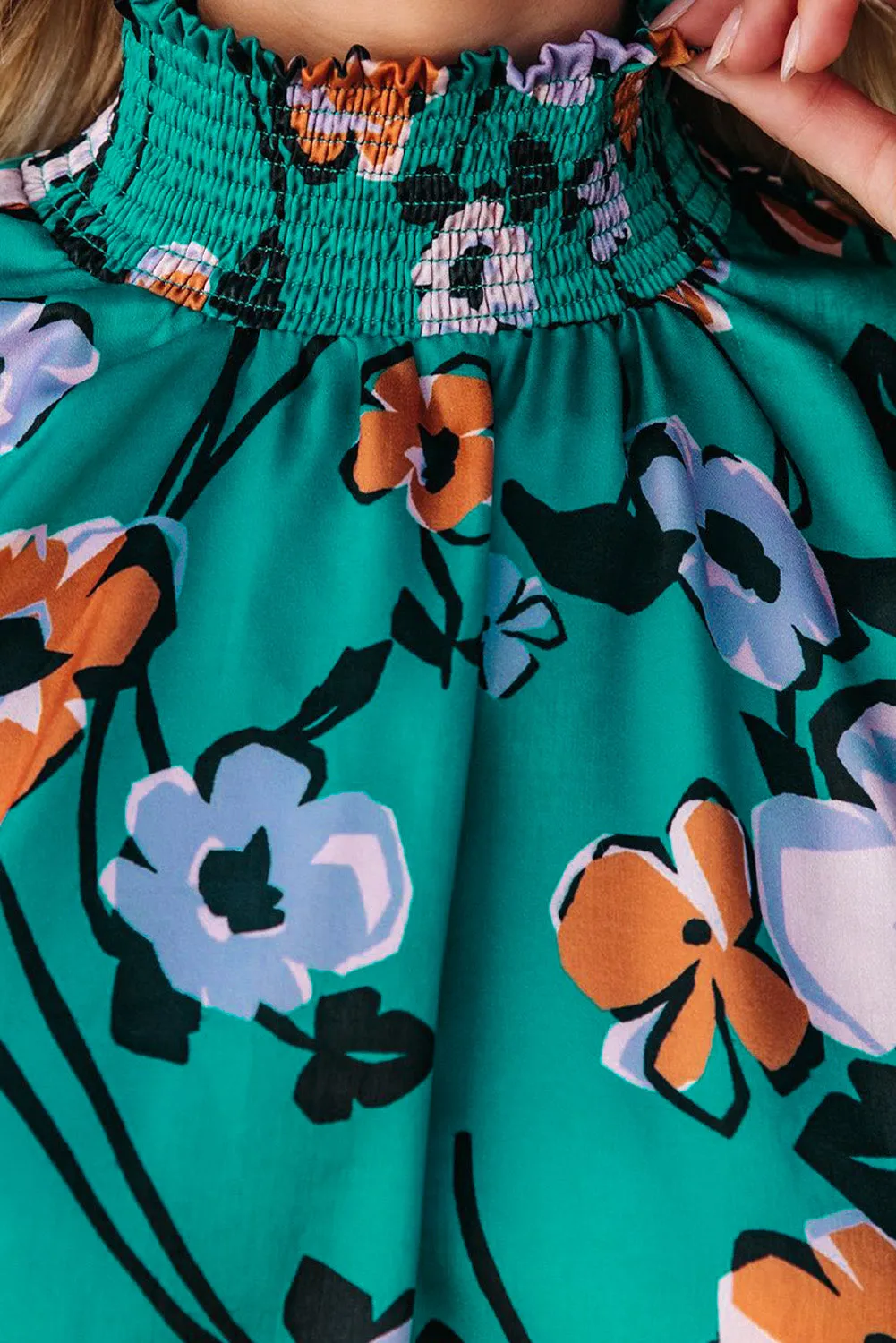 Floral Print Smocked Mock Neck Blouse