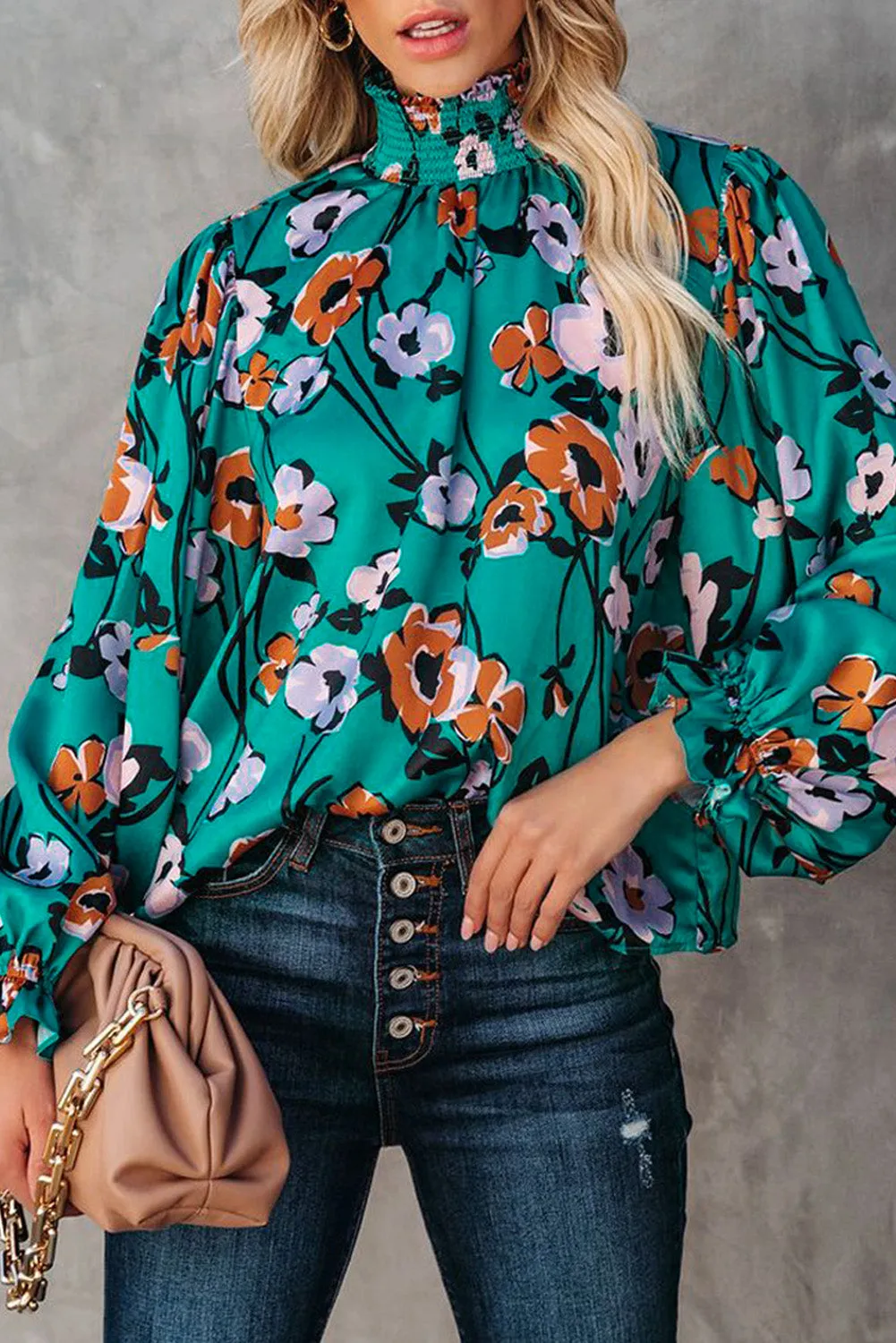 Floral Print Smocked Mock Neck Blouse