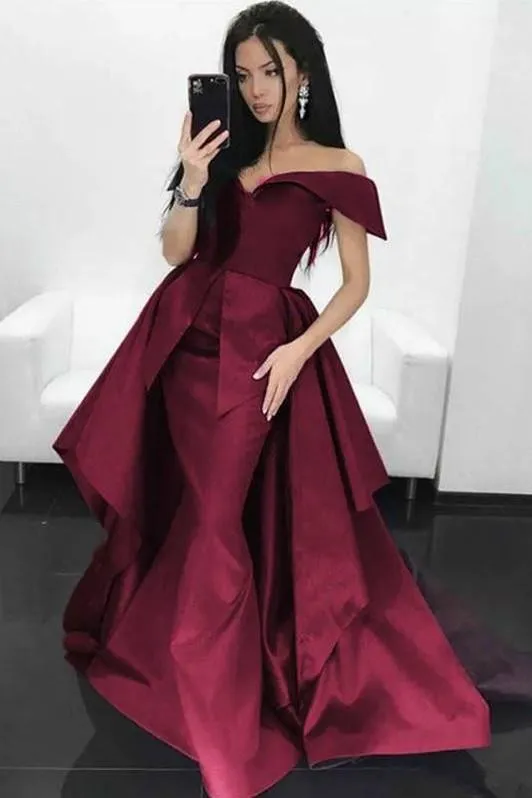 Folded Off-the-shoulder Burgundy Prom Dress with Overskirt