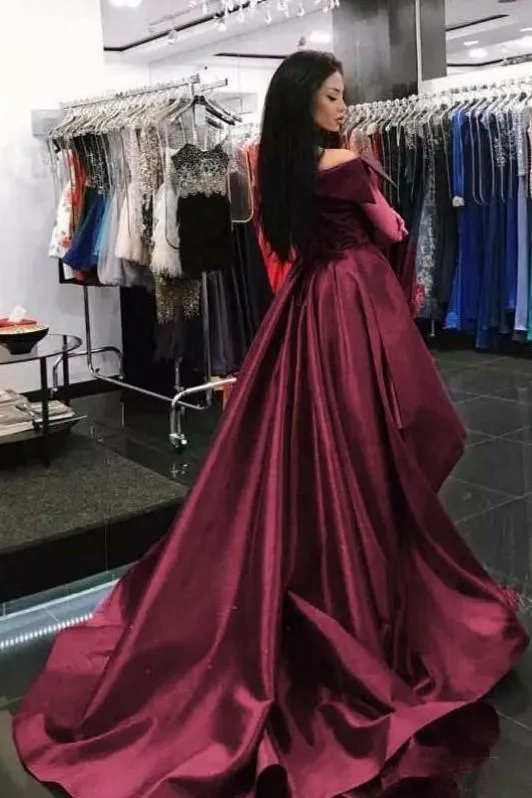 Folded Off-the-shoulder Burgundy Prom Dress with Overskirt