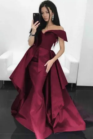 Folded Off-the-shoulder Burgundy Prom Dress with Overskirt