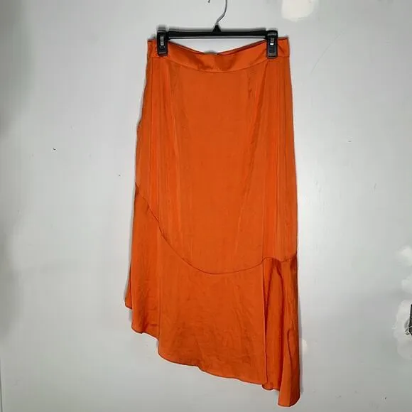 FREE PEOPLE Hot Orange Polyester Midi High Slit Asymmetrical Skirt Size 10 NWT
