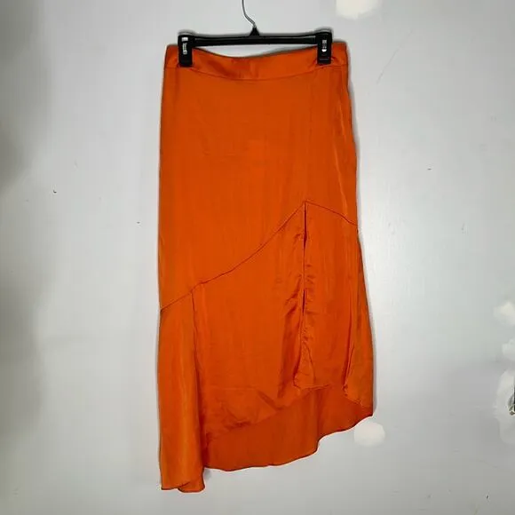 FREE PEOPLE Hot Orange Polyester Midi High Slit Asymmetrical Skirt Size 10 NWT