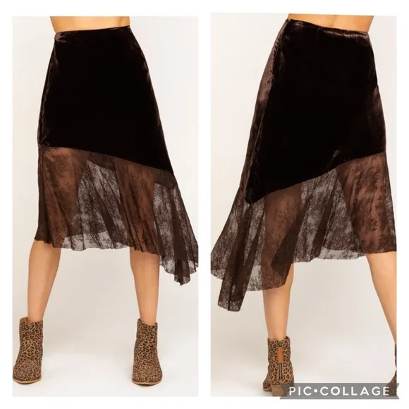 Free People My Lacey Asymetrical Chocolate Merlot Velvet Midi Skirt Size 12