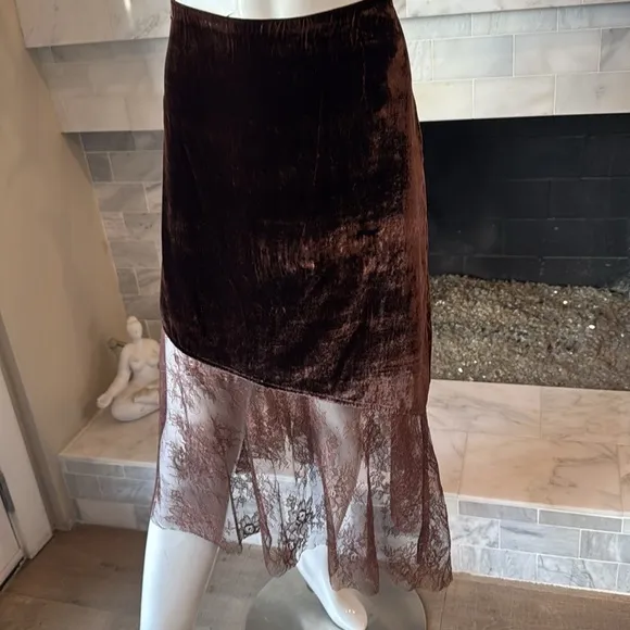 Free People My Lacey Asymetrical Chocolate Merlot Velvet Midi Skirt Size 12