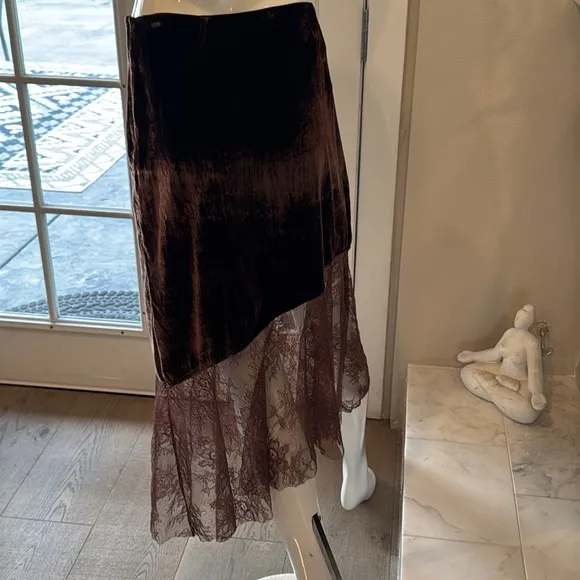 Free People My Lacey Asymetrical Chocolate Merlot Velvet Midi Skirt Size 12