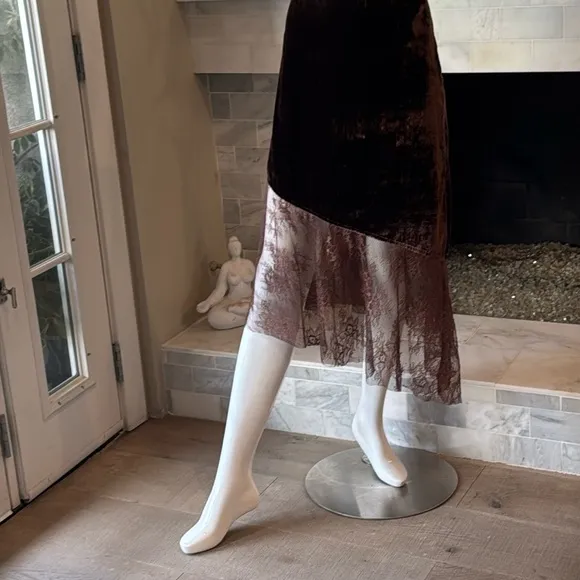 Free People My Lacey Asymetrical Chocolate Merlot Velvet Midi Skirt Size 12