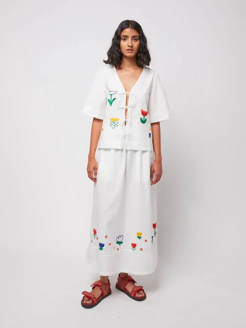 Garden Embroidery Poplin Skirt | White