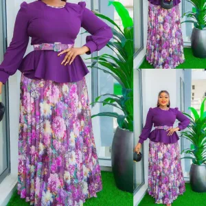 GORGEOUS PURPLE/PLUM MULTICOLORED FLORAL PLEATED SKIRT SET