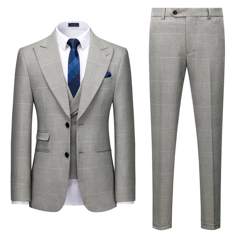 Gray Plaid Designer Peaked Lapel Slim Fit Men Suit for Prom