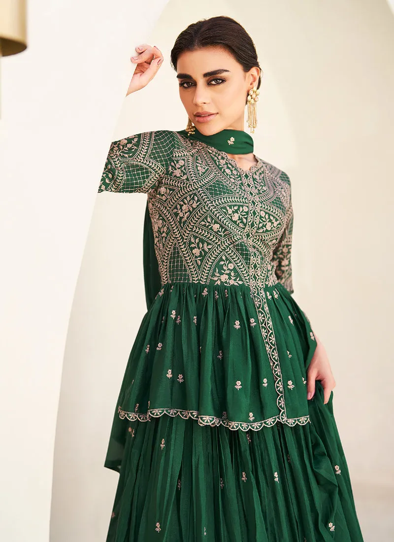 Green Embroidery Peplum Style Kurti Lehenga