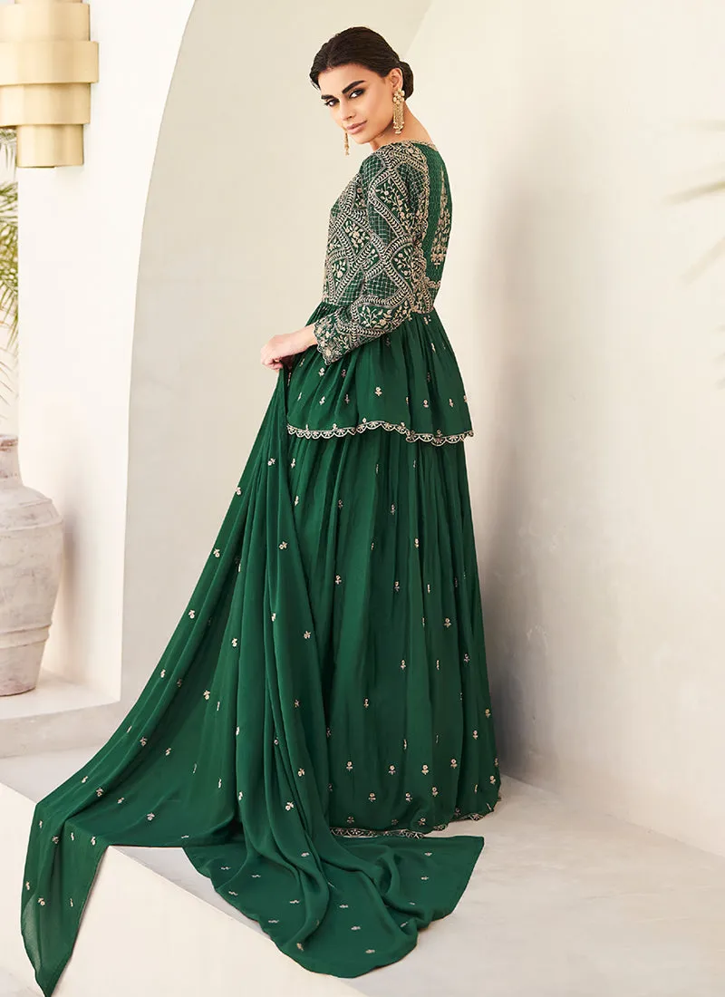 Green Embroidery Peplum Style Kurti Lehenga