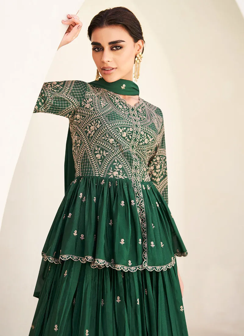 Green Embroidery Peplum Style Kurti Lehenga