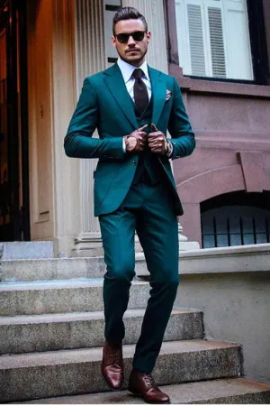 Green Notched Lapel Three Pieces Slim Fit  Men Suits