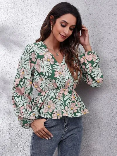 Greta Floral V-Neck Balloon Sleeve Peplum Blouse