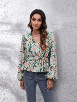 Greta Floral V-Neck Balloon Sleeve Peplum Blouse