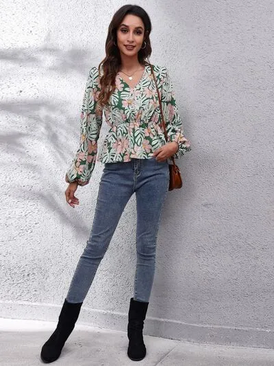 Greta Floral V-Neck Balloon Sleeve Peplum Blouse