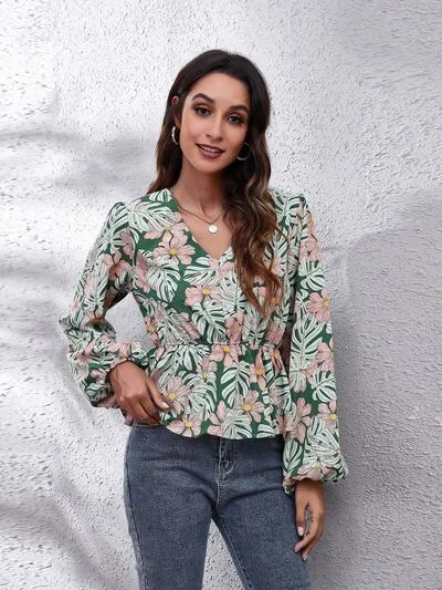 Greta Floral V-Neck Balloon Sleeve Peplum Blouse