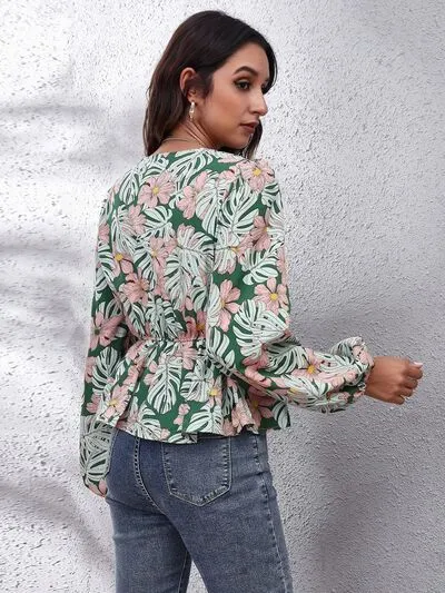 Greta Floral V-Neck Balloon Sleeve Peplum Blouse