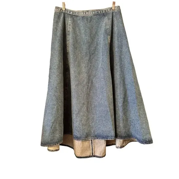H&amp;M Full midi denim skirt NWT Hi/low western country back zip 14 med wash